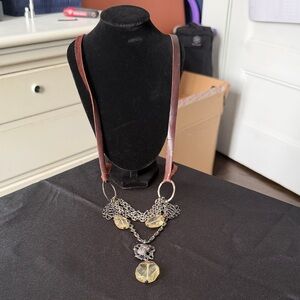 Brown Leather and Silver Women's Necklace with crystals